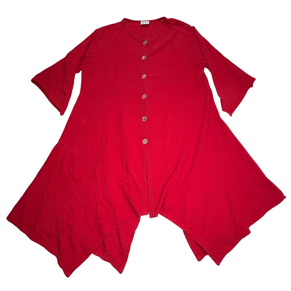 OH MY GAUZE‎ Red Cotton Asymmetrical Hem Bell Sleeve Tunic Button Up Top Size 1